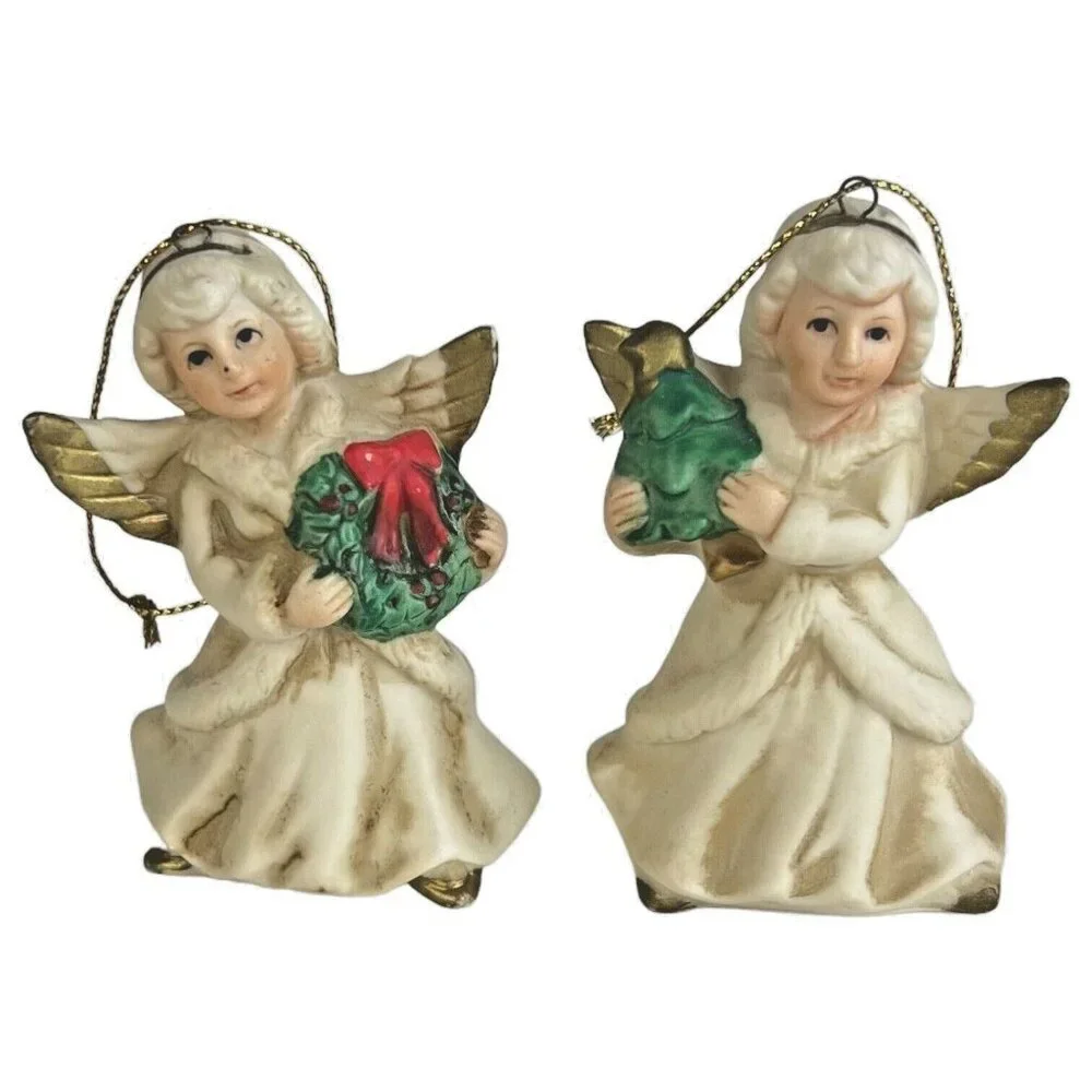 6 Homco Angel Tree Ornaments Complete Set Bisque Porcelain Made in‎ Taiwan VTG